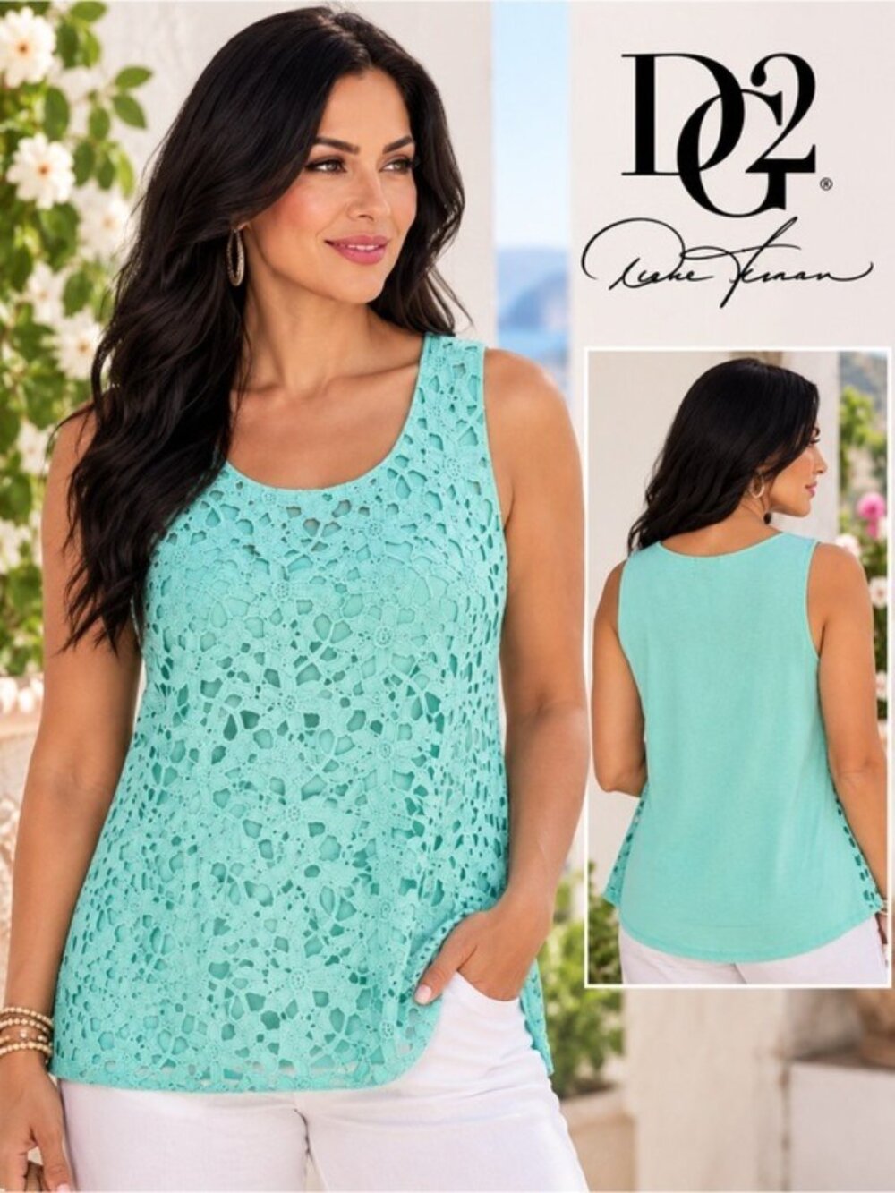 DG2 Diane Gilman Aqua Floral Crochet Lace Tank Top Size 2X NWT Boho